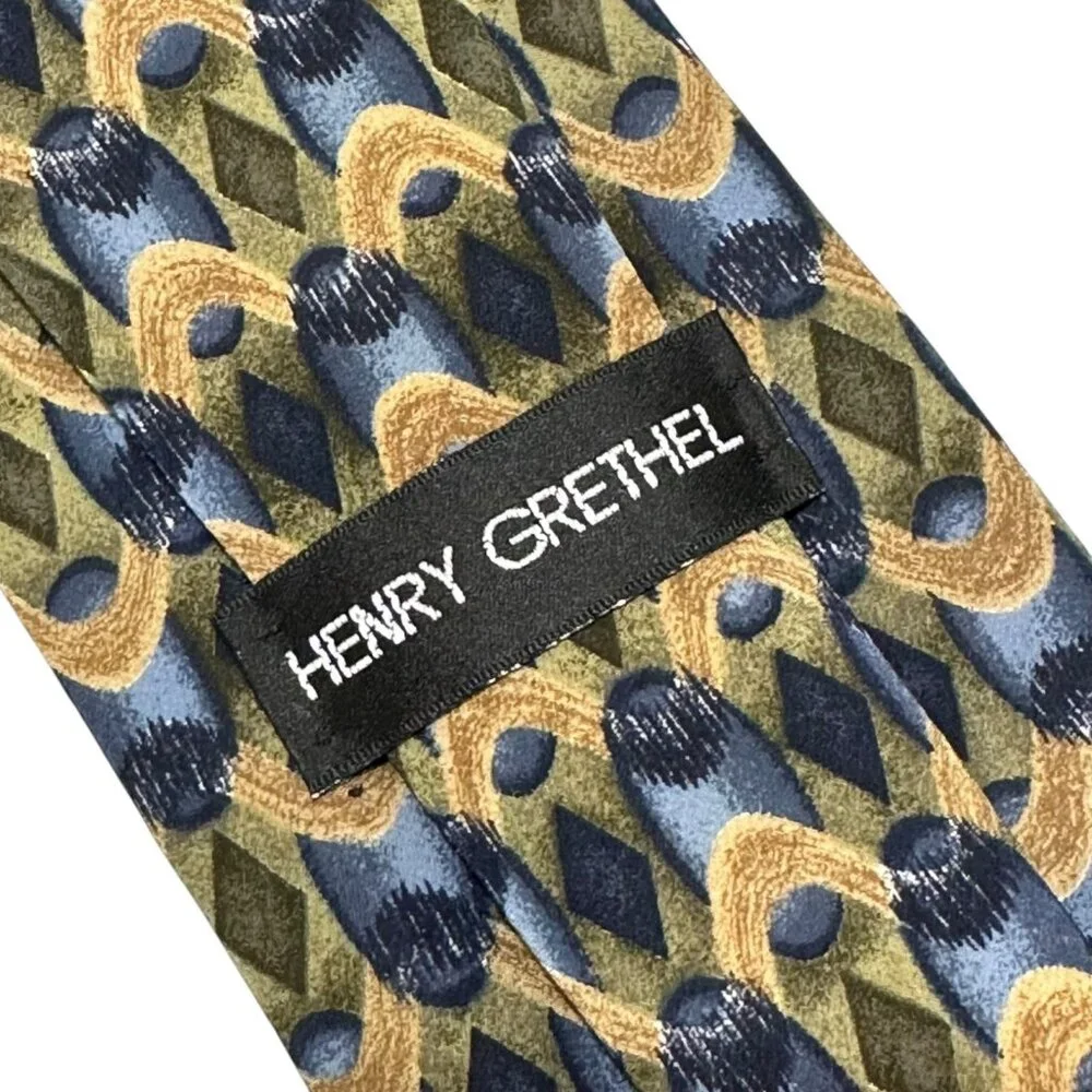 Henry Grethel Mens Silk Tie Green Blue Gold Geometric Italian Fabric Made in USA